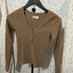 Hollister Women's Tan Buttoned V-Neck Long Sleeve